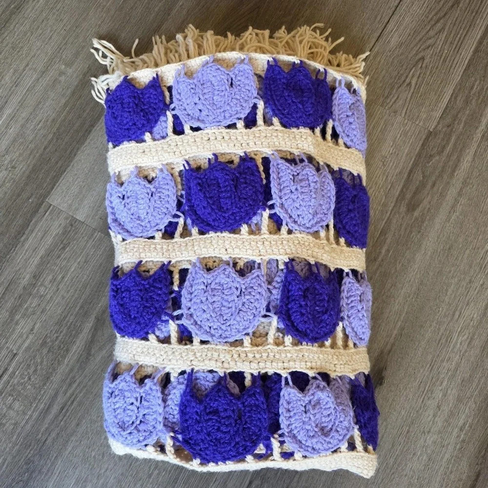 Vintage Handmade Crochet Purple & Cream Tulip Tulips Afghan Throw Blanket 85x45